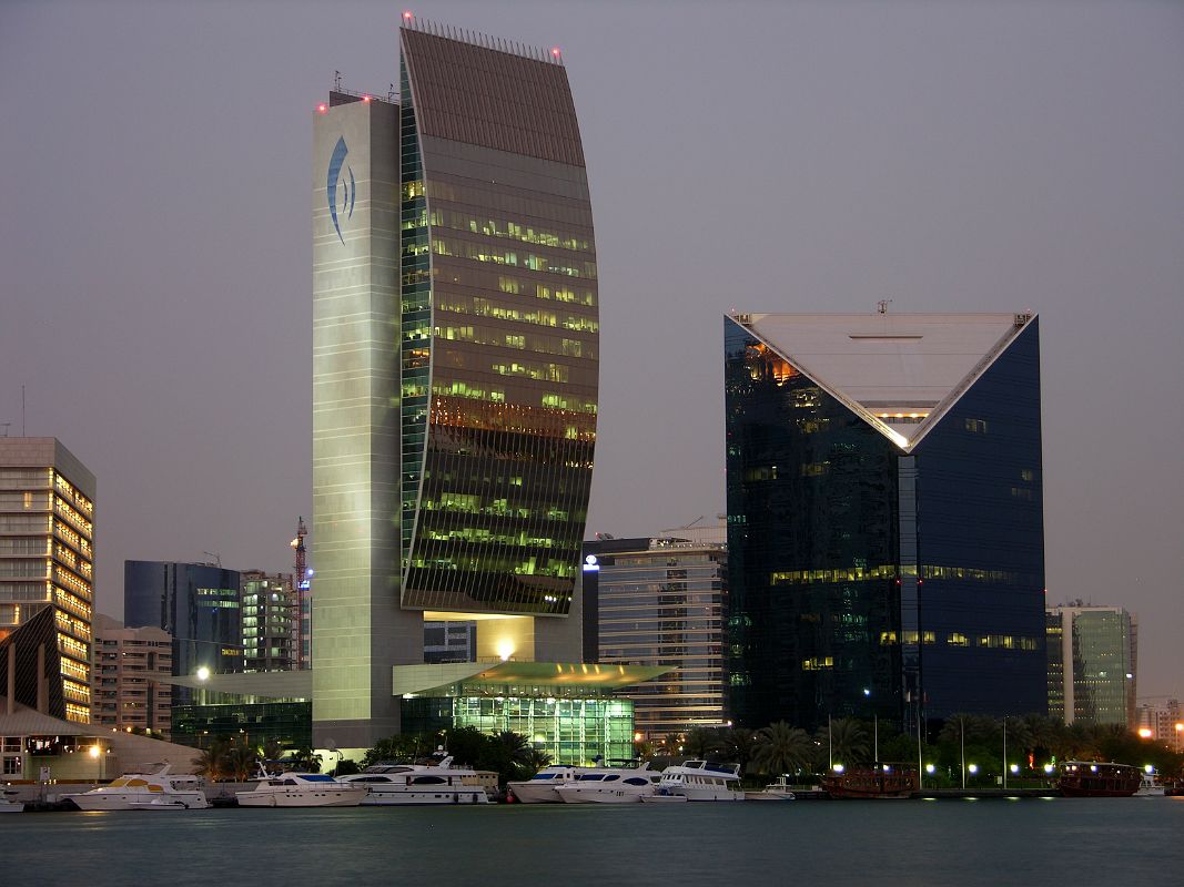 Dubai 04 10 Deira Nighttime View Of National Bank of Dubai and Dubai Chamber of Commerce